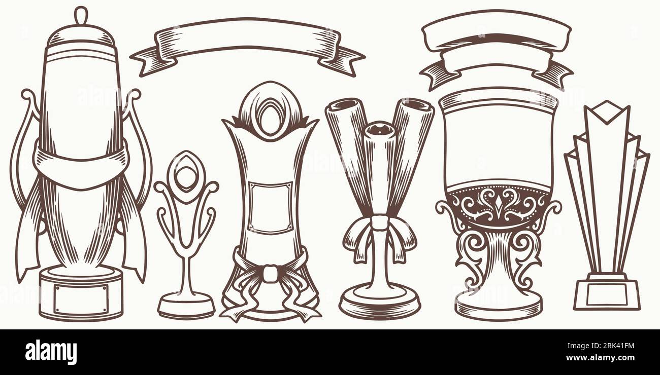 Six big Hand drawn set medal drawing isolated on white background