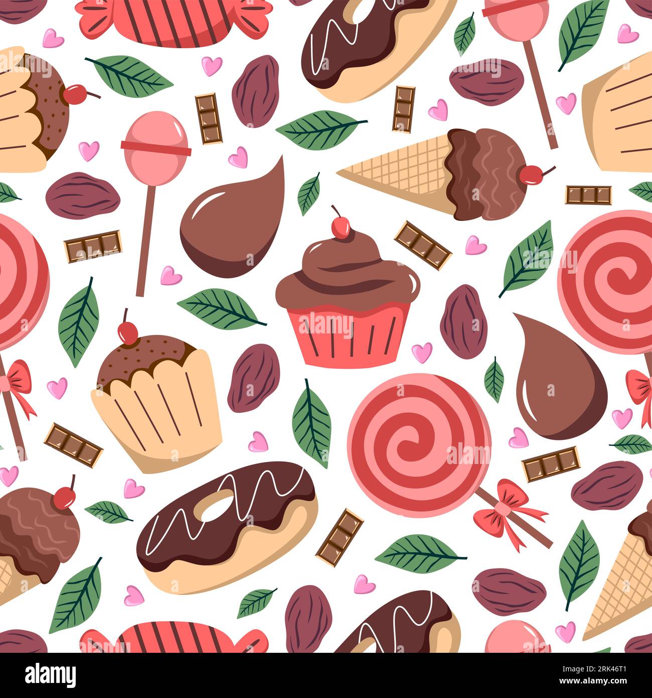 Chocolate and candy seamless pattern isolated on white background. Stock Vector