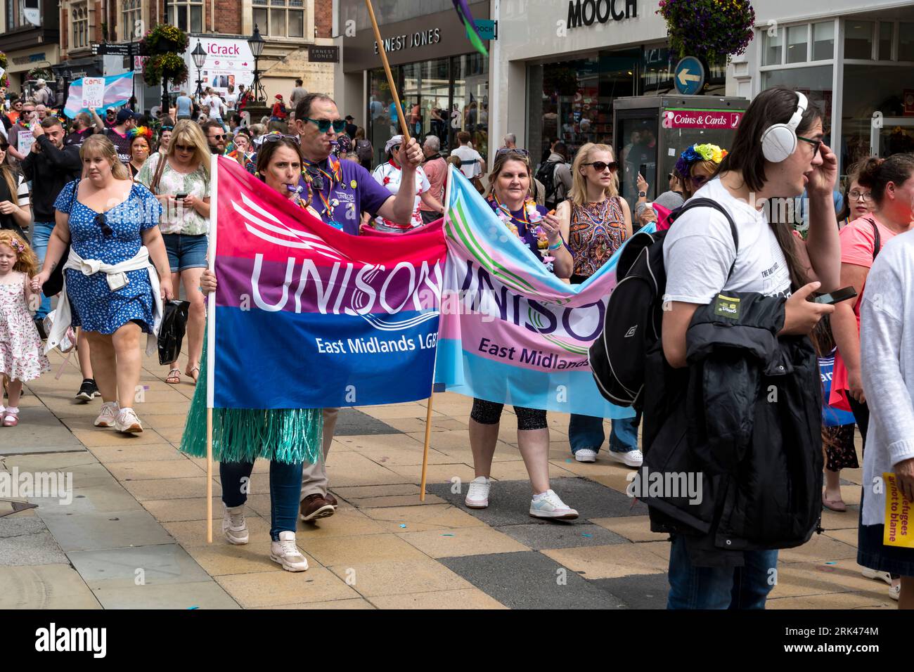 Unison members carrying banners in Lincoln Pride Parade, High Street