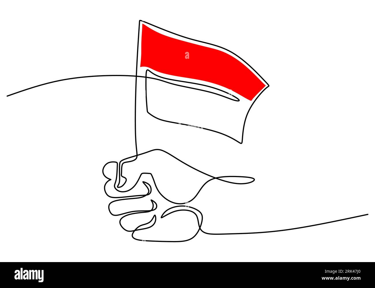 One continuous single line hand drawing of Indonesia independence day with hand hold flag isolated on white background. Stock Vector