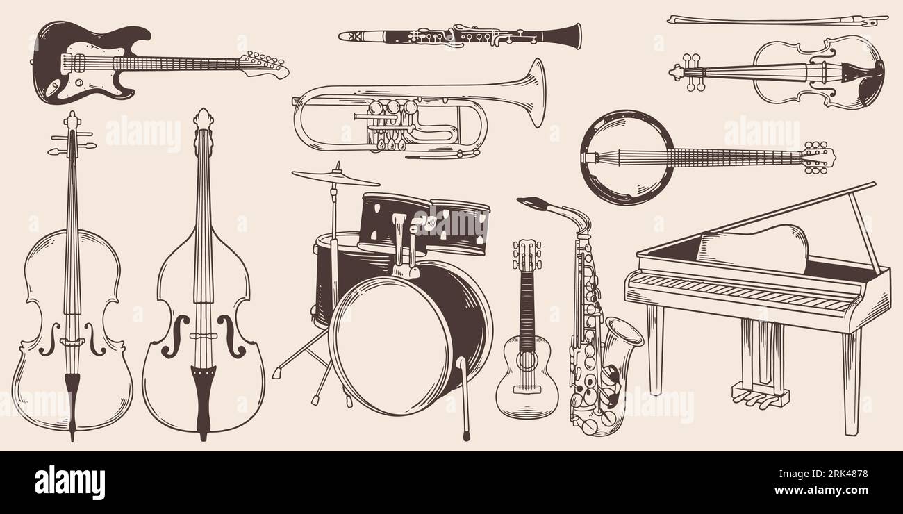 Vintage hand drawn guitar traveler, grand piano, electric guitar, drum