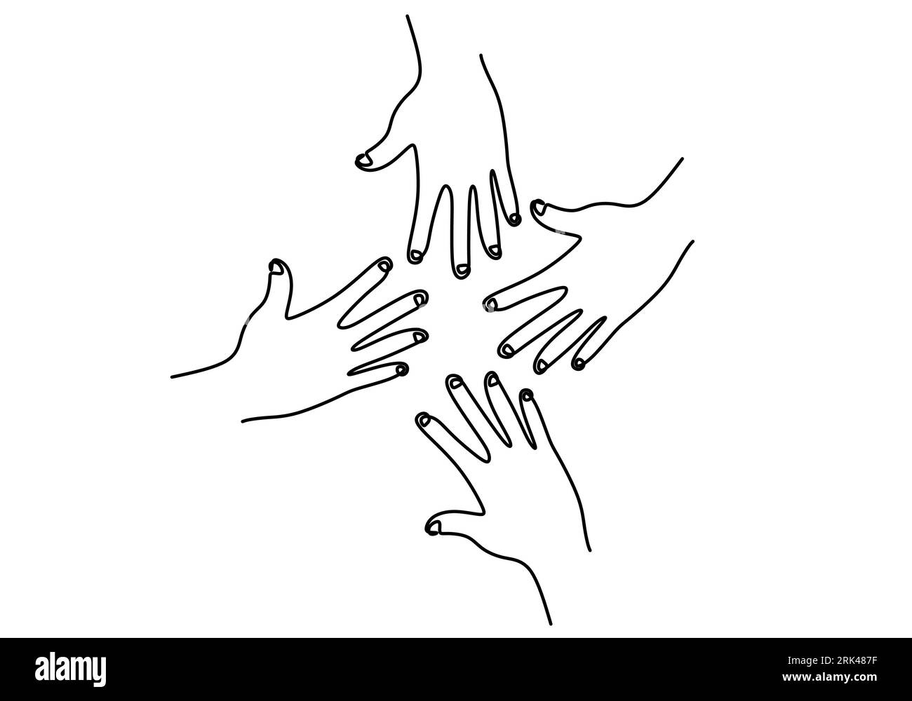 One continuous single line hand drawing of four opened hands isolated ...