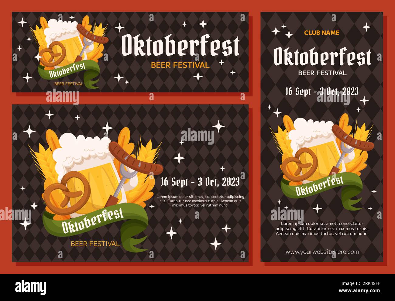 Oktoberfest German beer festival background, vertical and horizontal banner collection. Design with glass of beer, pretzel and fork with sausage, whea Stock Vector