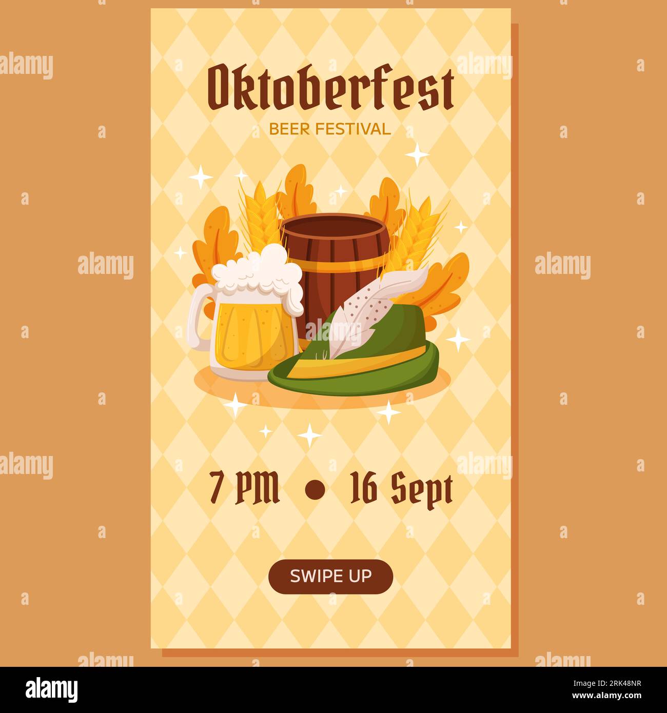 Oktoberfest German beer festival vertical social media stories template. Design with Tyrolean hat, beer mug, wooden barrel, Germany colors festive gar Stock Vector