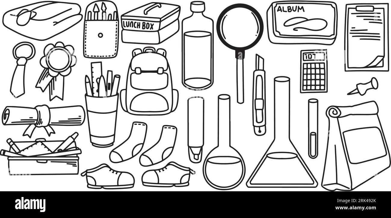 Hand drawn doodle set element with lunch box, bottle, magnifier, cuter, bag, calculator, sock, paper and stationary for back to school education theme Stock Vector