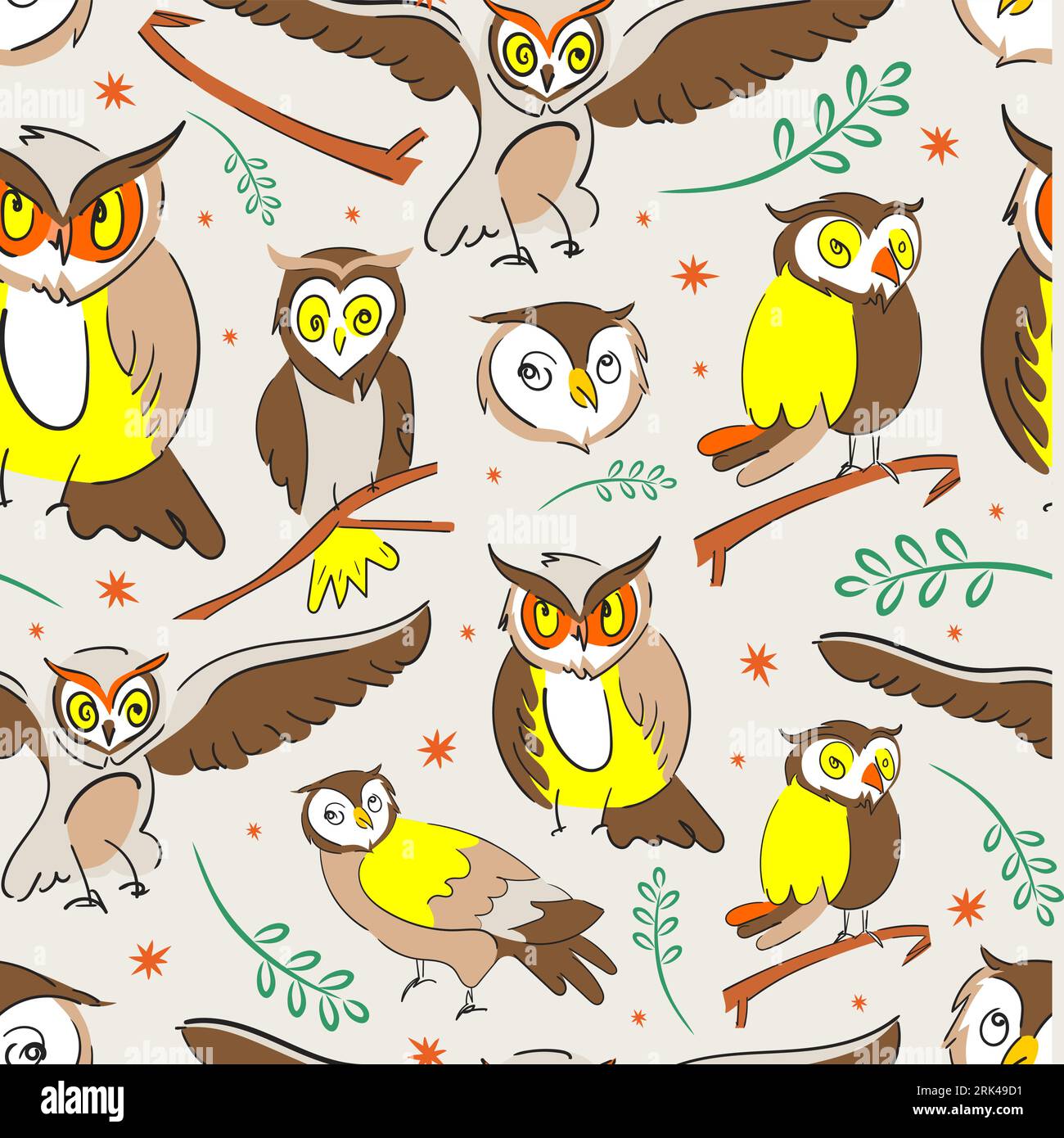 Cute brown owl Seamless pattern. Stock Vector