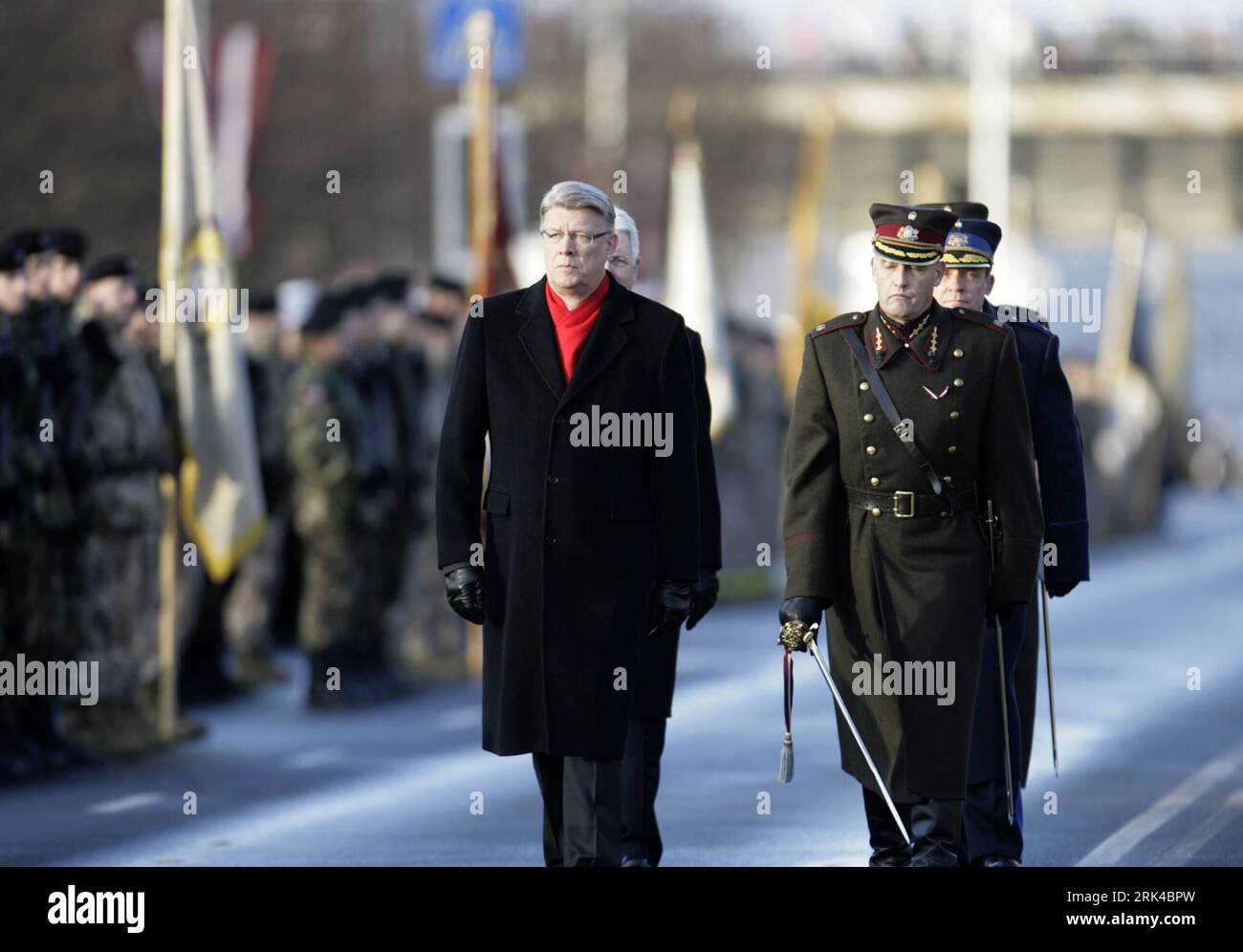 Bildnummer: 53610035  Datum: 18.11.2009  Copyright: imago/Xinhua (091118) -- RIGA, Nov. 18, 2009 (Xinhua) -- Latvian President Valdis Zatlers (L front) reviews the army during a military parade marking the 91st anniversary of the Latvia s independence in Riga, capital of Latvia, Nov. 18, 2009. Latvia declared independence on Nov. 18, 1918 at the end of World War I. It joined the former Soviet Union in 1940 and declared restoration of independence on Aug. 22, 1991, before the breakup of the Soviet Union. (Xinhua/Yang Dehong) (gxr) (3)LATVIA-INDEPENDENCE DAY PUBLICATIONxNOTxINxCHN People Politik Stock Photo