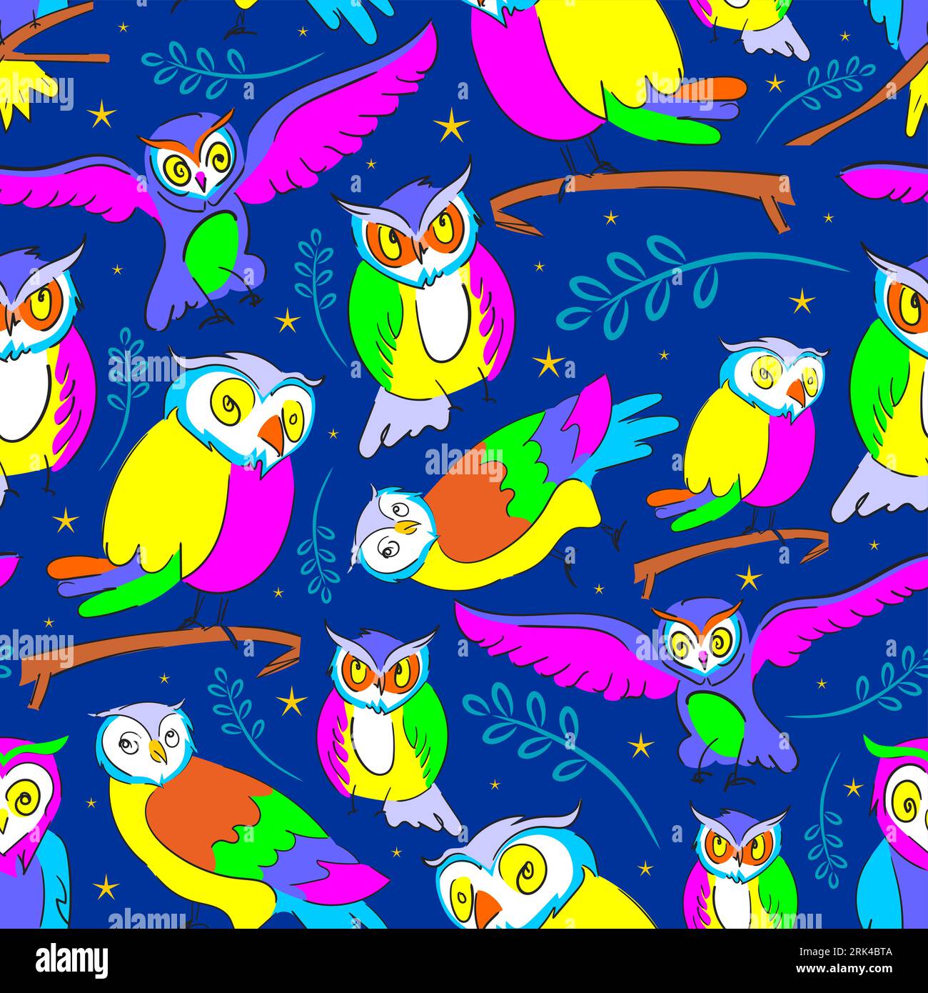 Cute owl Seamless pattern isolated on blue background. Stock Vector