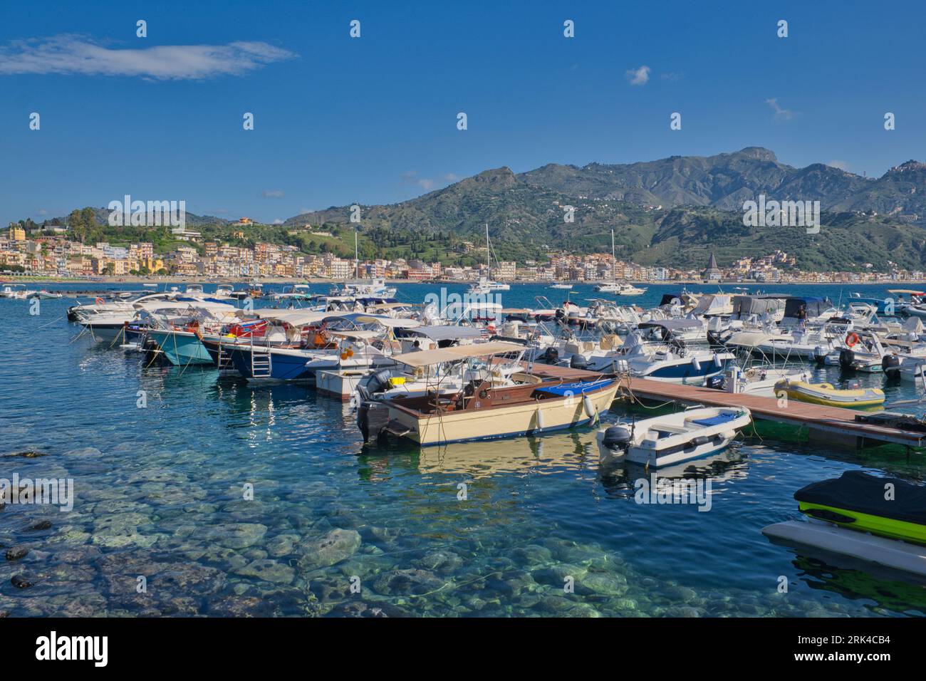 small boat harbor, marina in Giardini Naxos, Sicily, Italy Stock Photo