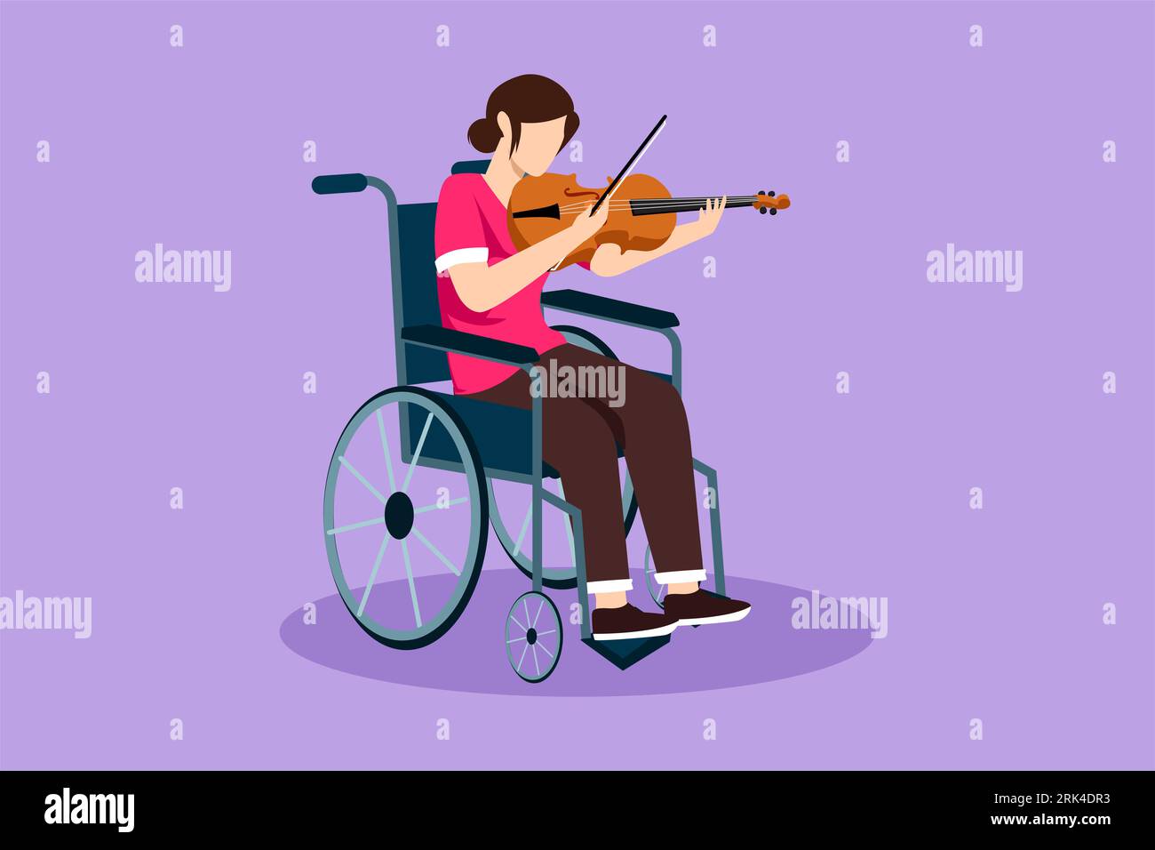Character flat drawing of disability and music. Woman in wheelchair