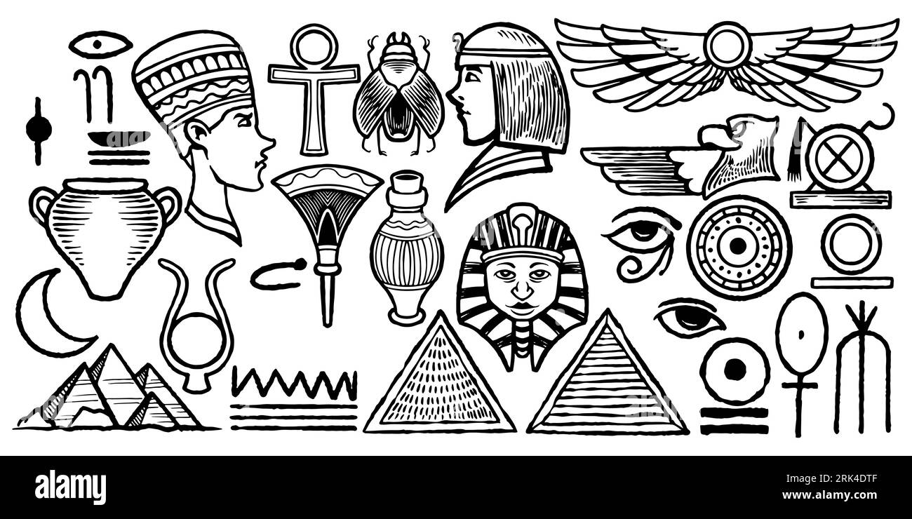 twenty eight tribal ethnic hand drawing set elements. set of egyptian tribal drawing Stock Vector