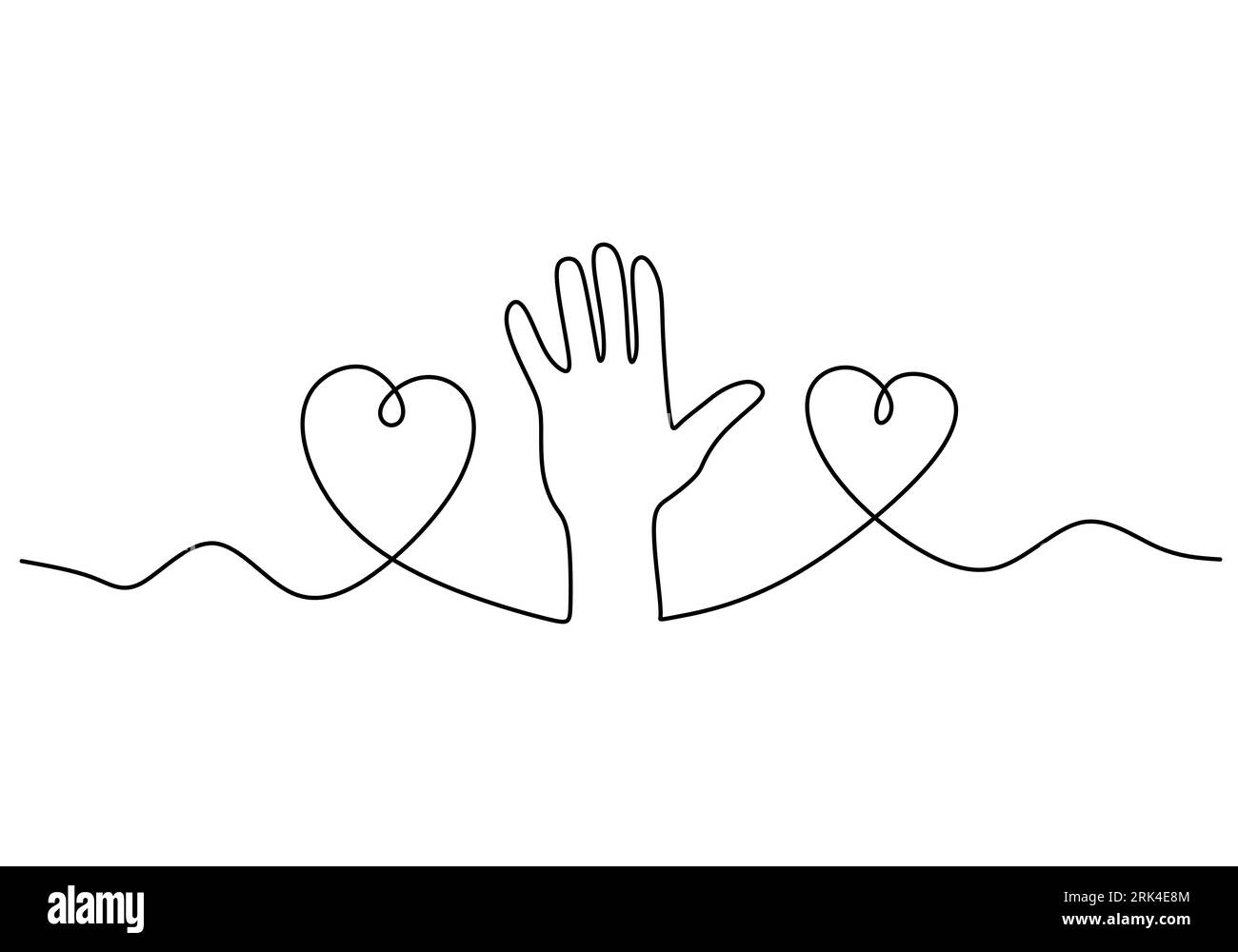 One continuous single line of charity day with hand and loves isolated ...