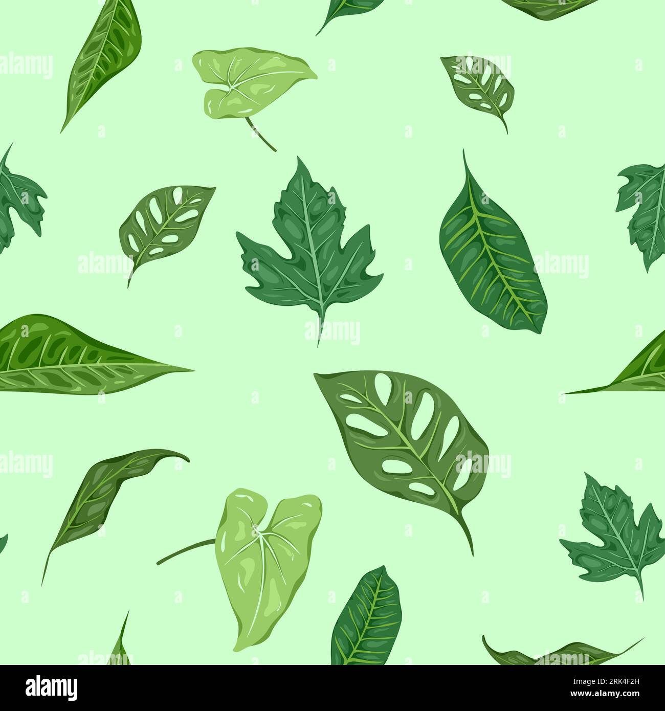 Green leafs seamless pattern isolated on green background. Stock Vector