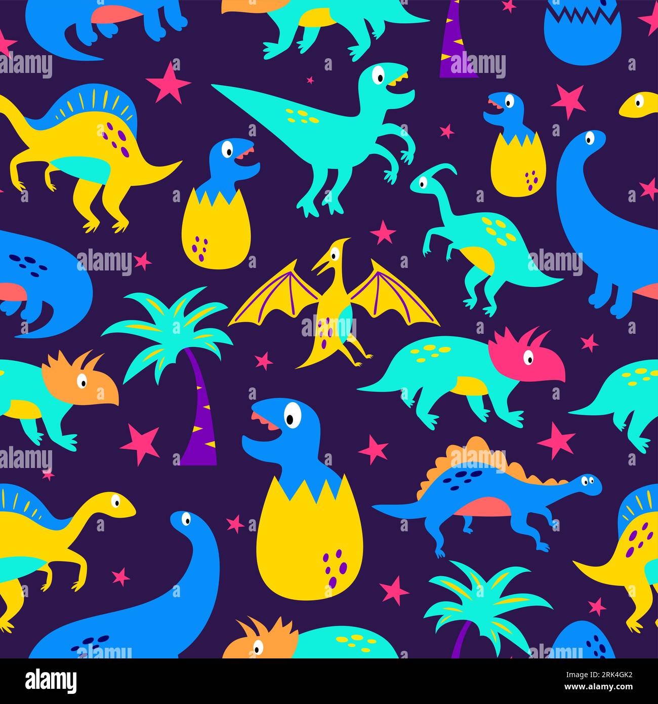 Cute dinosaurs seamless pattern isolated on purple background. Stock Vector