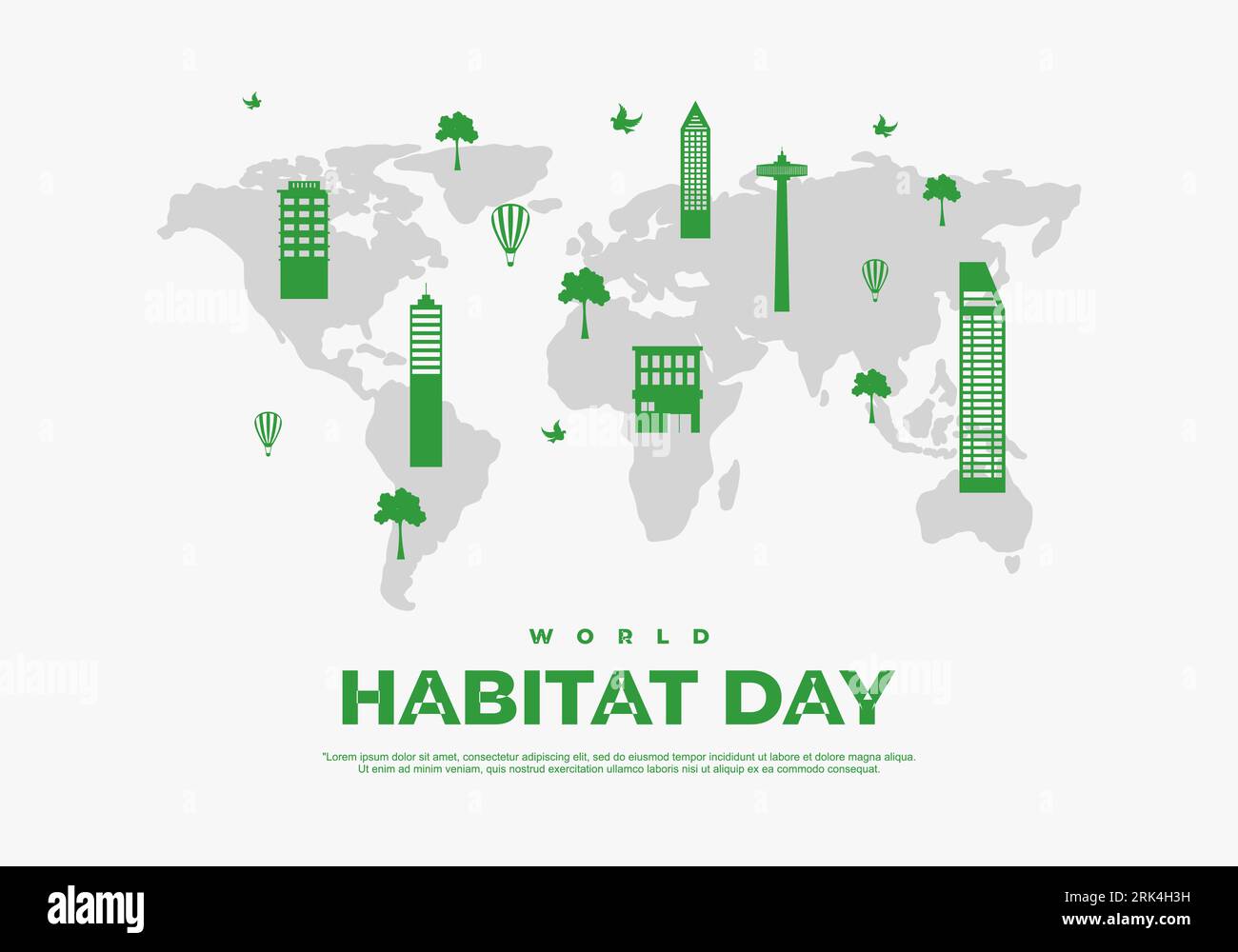 World habitat day building on world map isolated on white background. Stock Vector