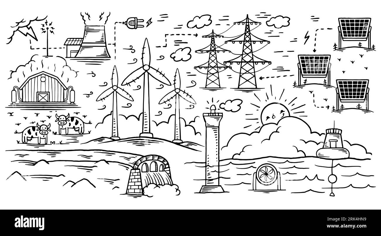 Hand drawn ecology doodle icon set of renewable energy isolated on ...