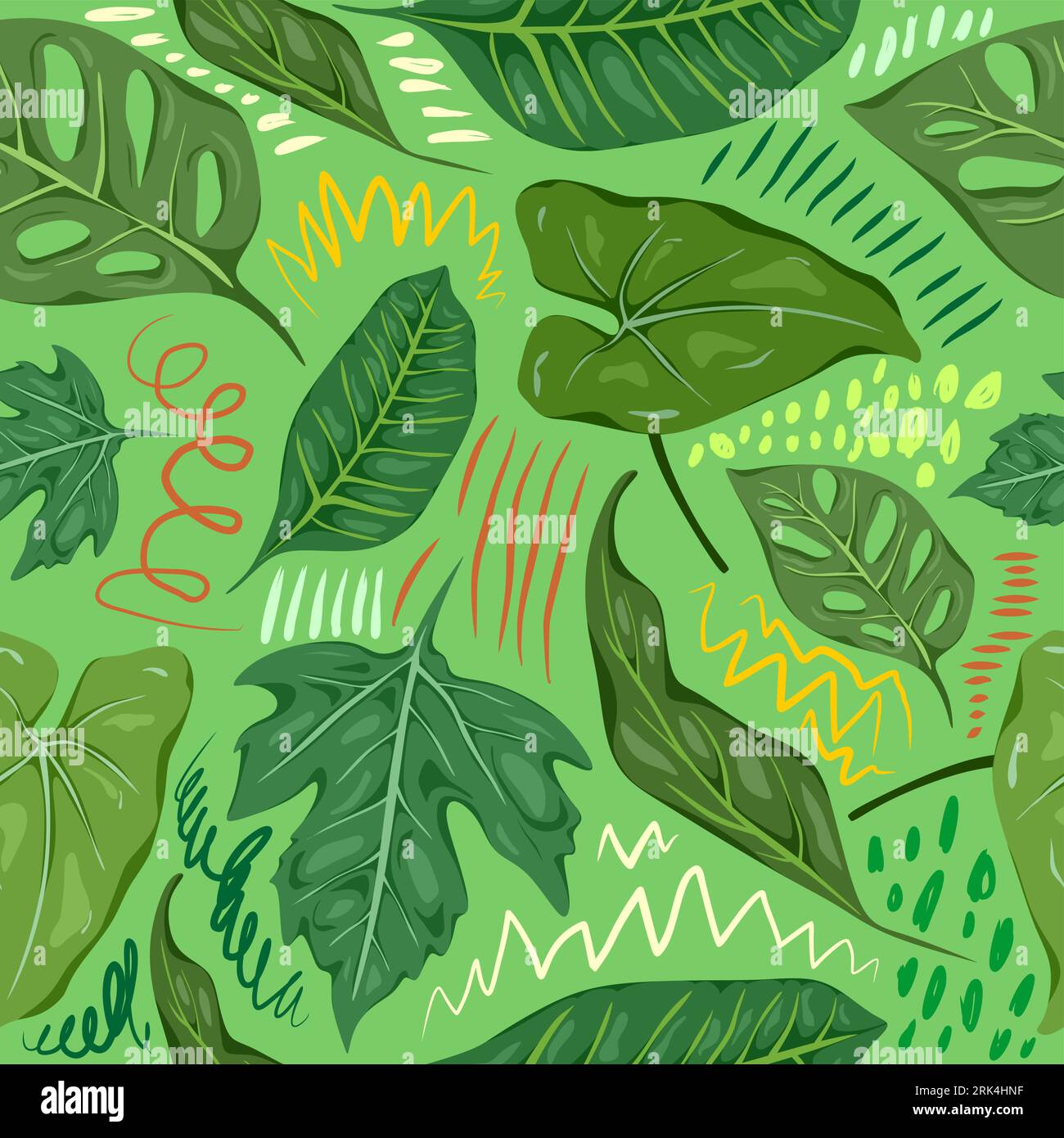 Green leafs seamless pattern isolated on green background. Stock Vector