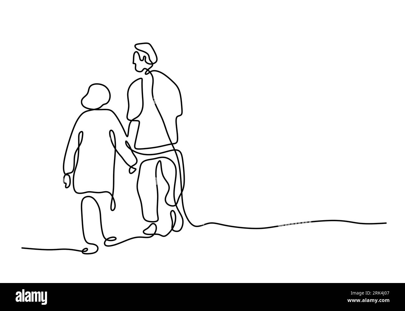 Hand drawing one line of mature couple walking together isolated on