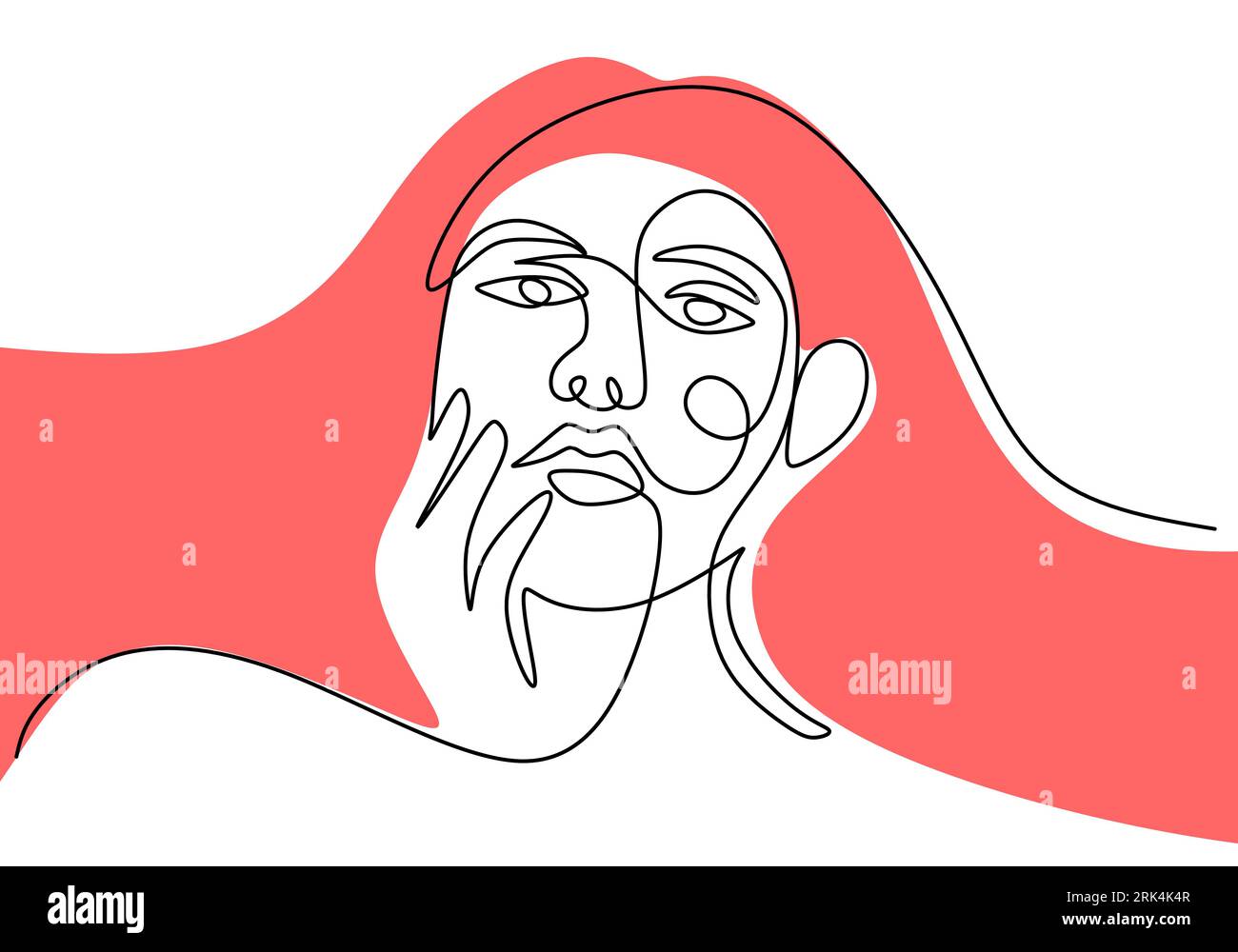 Hand drawing one line woman surreal face isolated on white background ...