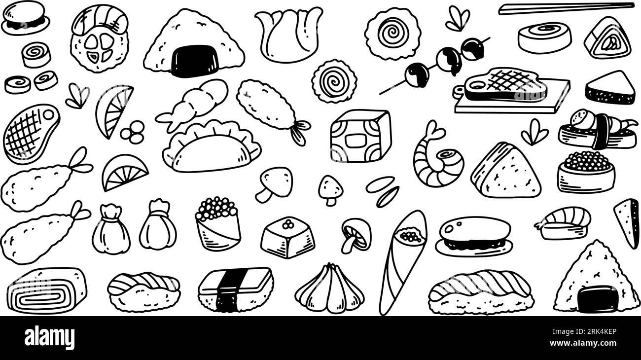 Hand drawing of doodle food set isolated on white background. Stock Vector