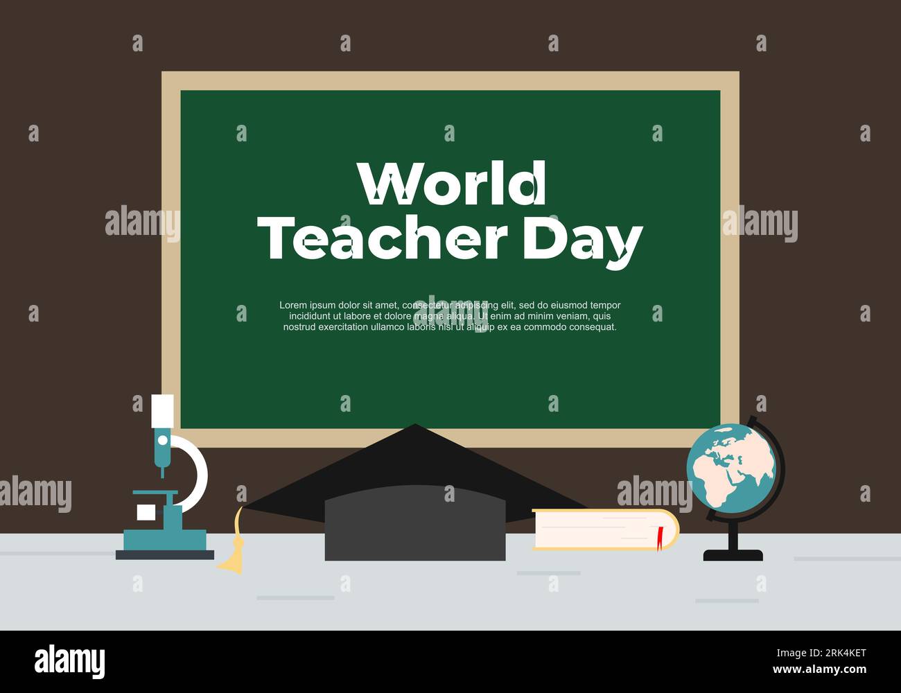 Teacher day background with board, hat, book, globe and microscope. Stock Vector