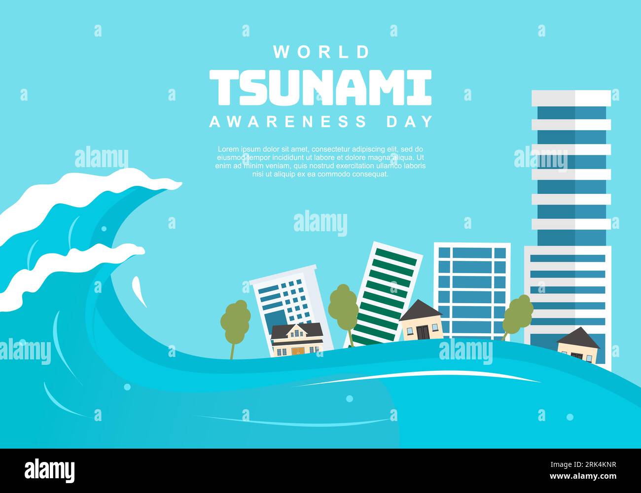 World tsunami awareness day background with building and wave. Stock Vector