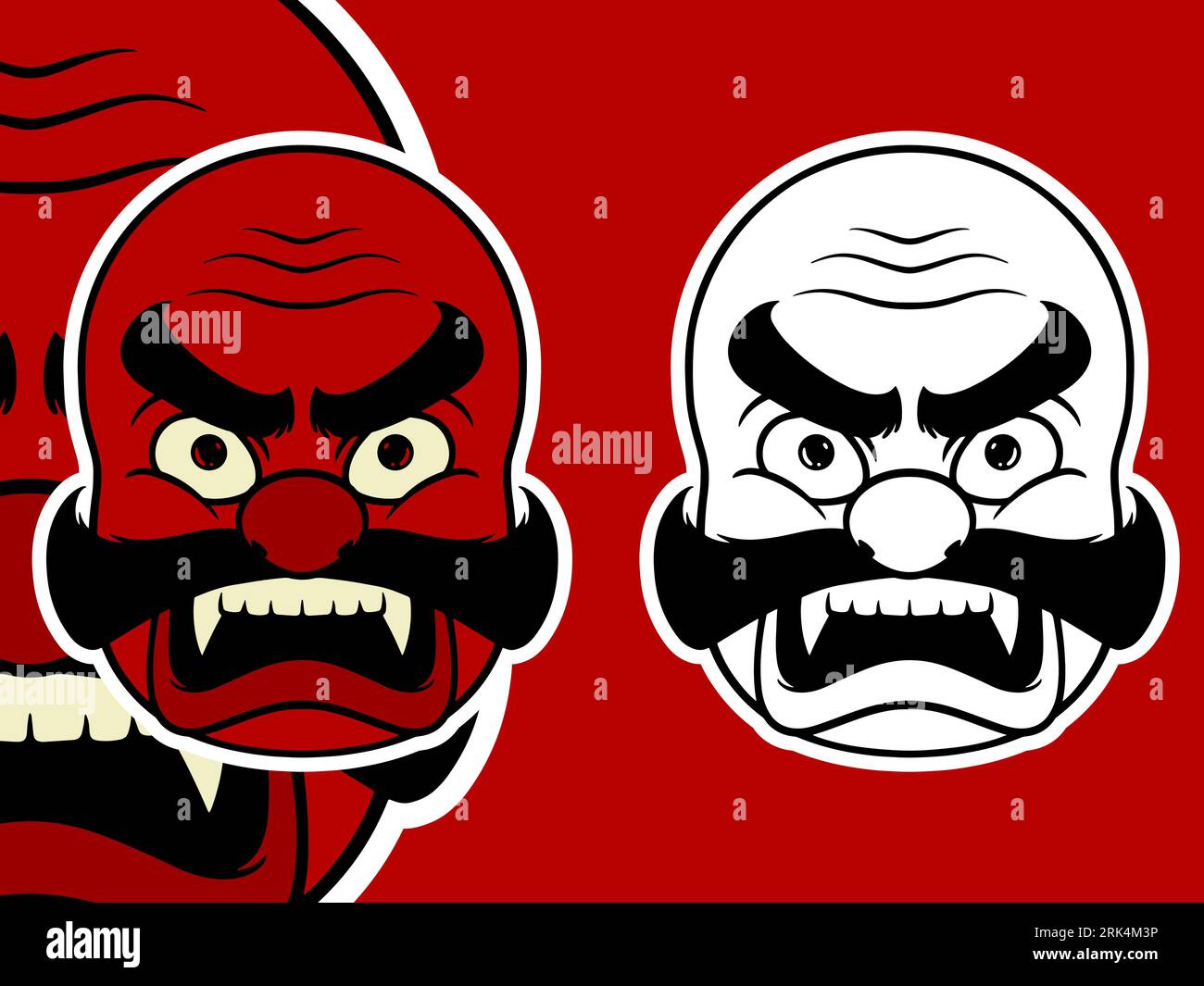 Two red white Japanese mask elements isolated on red background. Stock Vector