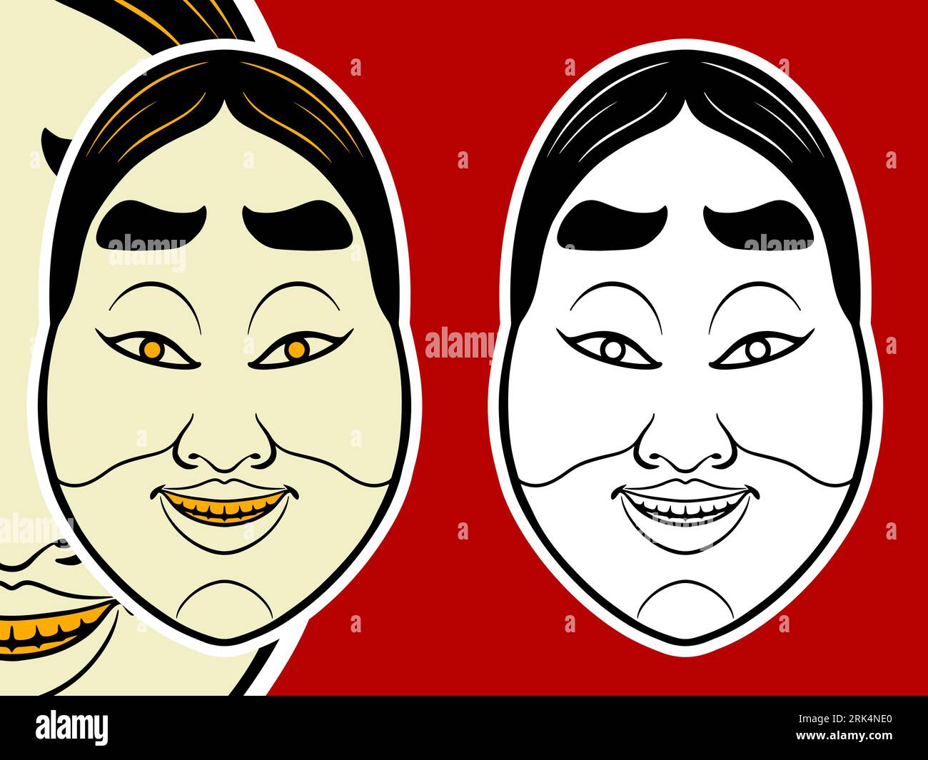 Two traditional Japanese mask elements isolated on red background. Stock Vector