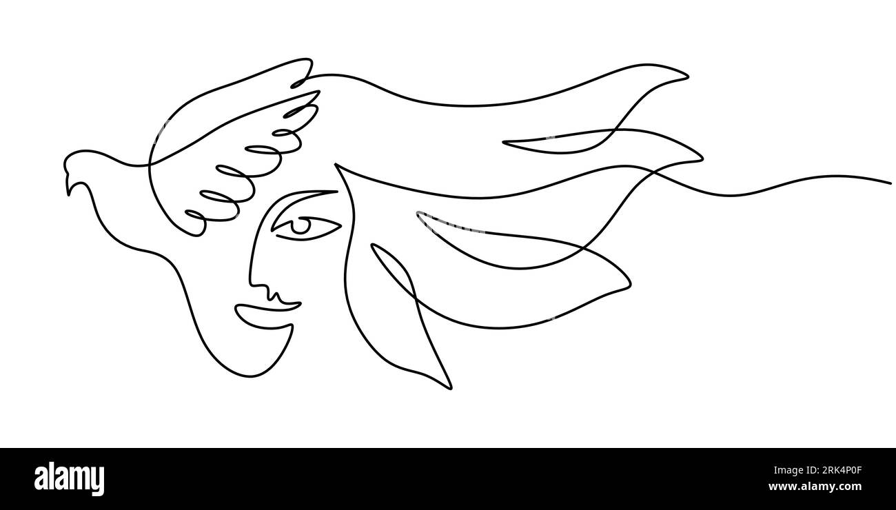 One line of abstract faces and wings isolated on white background. Hand ...