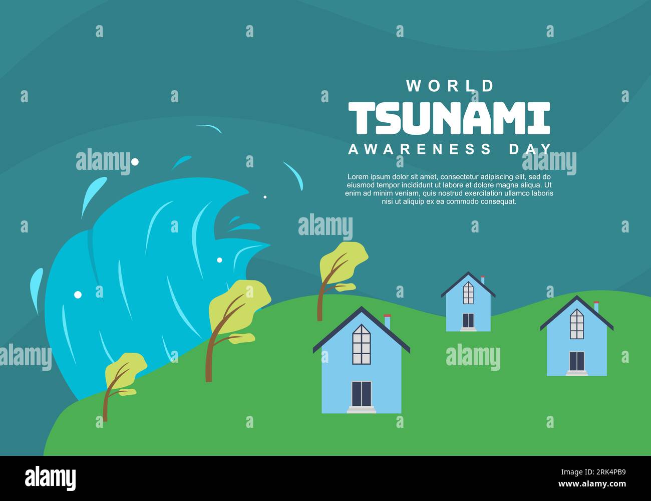 World tsunami awareness day background with wave and houses. Stock Vector