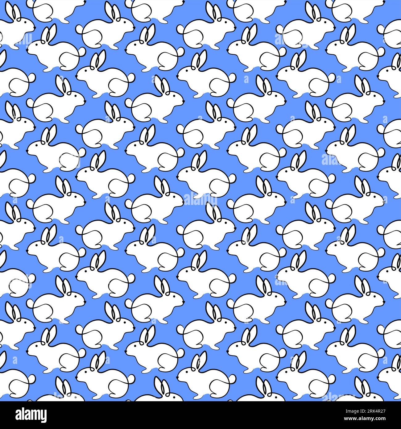 Cute white rabbit seamless pattern isolated on blue background. Stock Vector