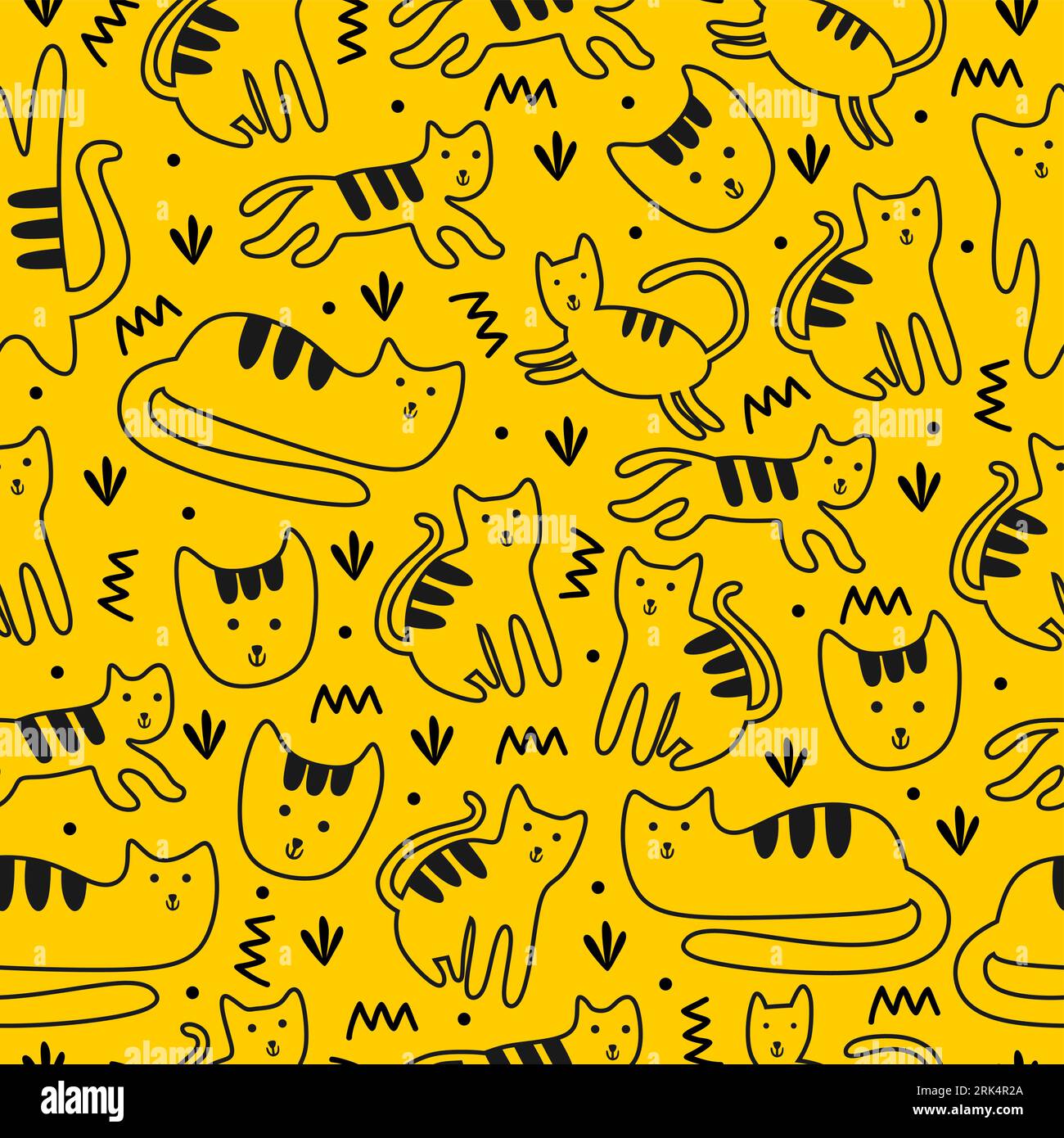 Cute cat seamless pattern isolated on yellow background. Stock Vector