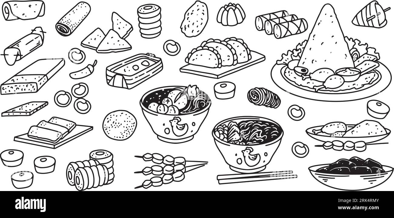 Hand drawing of indonesian food set isolated on white background. Stock Vector