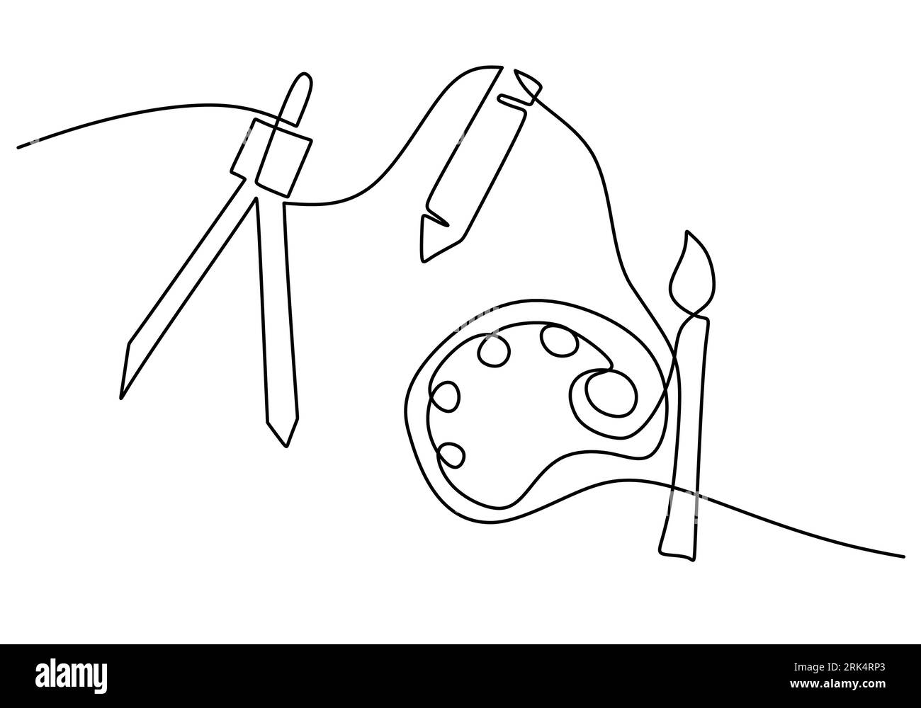 Hand drawing one single continuous line of pen and painter isolated on