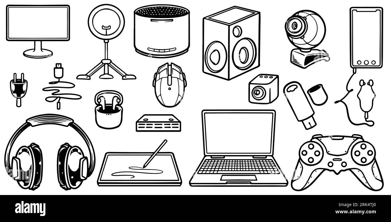 Hand drawing of digital gadgets doodle set isolated on white background. Stock Vector