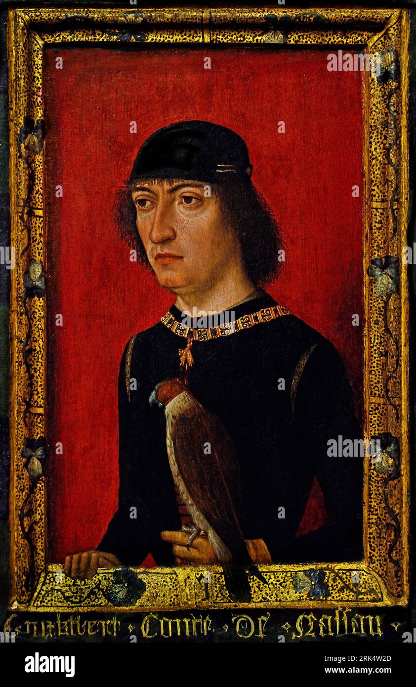 Engelbert II van Nassau 1480-1490 Master of the Portraits of Princes Dutch, The Netherlands, Count Engelbert had himself portrayed with his hunting falcon, like a typical member of the nobility. His family had governed parts of Brabant for years. Engelbert served the Dukes of Burgundy in various administrative and military capacities. In 1496, Philip the Fair appointed him as his agent in the Low Countries. Stock Photo