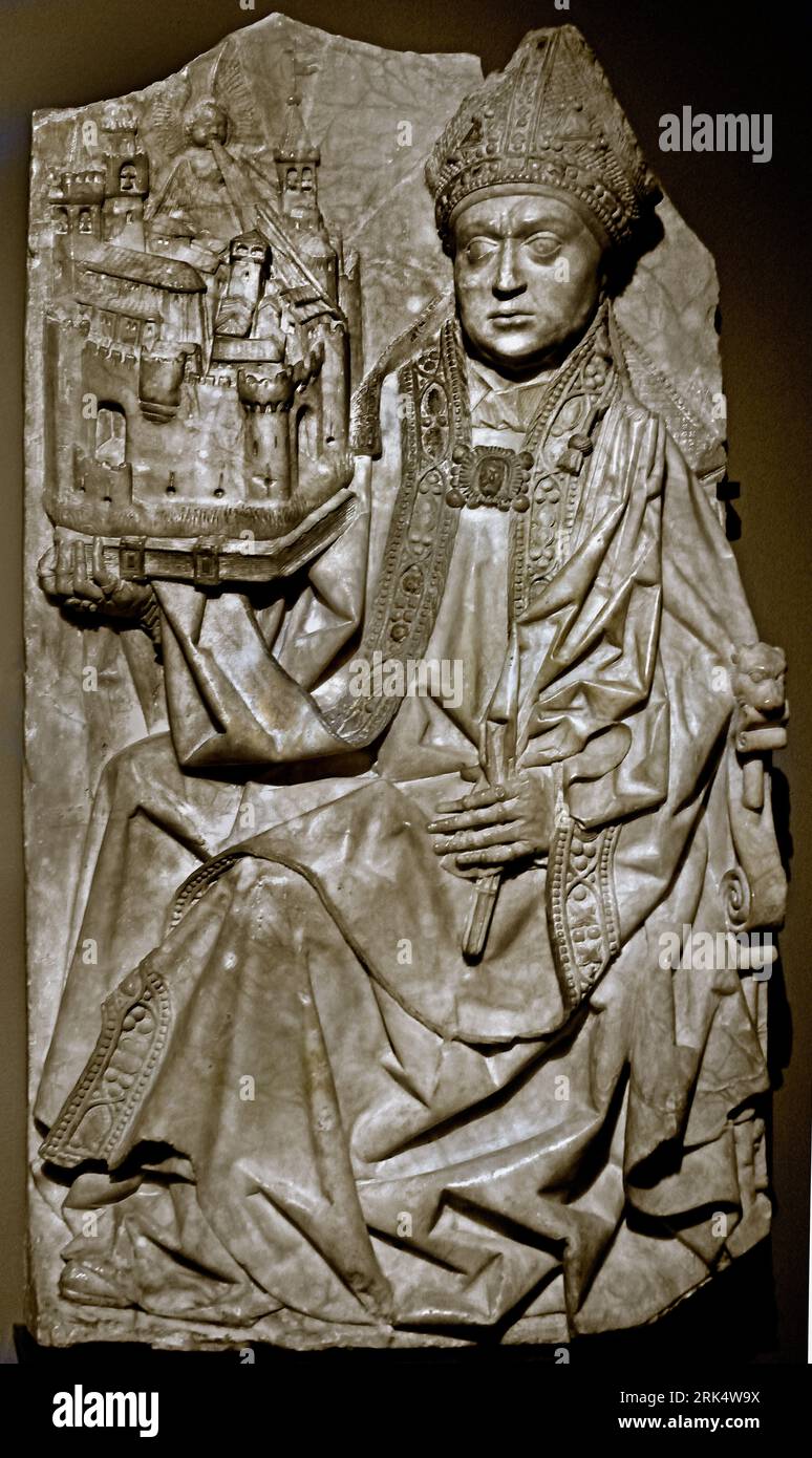 Saint Augustine, Anonymous, 1500 Burgos Spain Spanish  gilding,86cm ×46cm × 5cm    Augustine, the 4th-century Church Father, is shown here as bishop of the Roman city of Hippo Regius (now Annaba, Algeria). He holds the walled city symbolically in his right hand. Rays of light and an arrow emanate from an angel, an allusion to the rewards accorded to the city as the centre of early Christendom under the bishop. Stock Photo