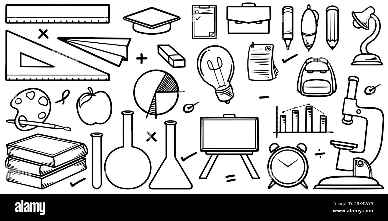 Hand drawing of education equipment doodle sets isolated on white ...