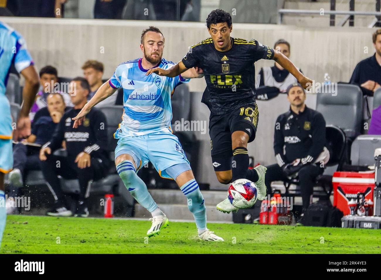 Los Angeles, United States. 23rd Aug, 2023. Los Angeles FC's Carlos Vela (R) and Colorado Rapids' Danny Wilson (L) in action during an MLS soccer match between the Colorado Rapids and the Los Angeles FC. Final Score : Los Angeles FC 4:0 Colorado Rapids Credit: SOPA Images Limited/Alamy Live News Stock Photo