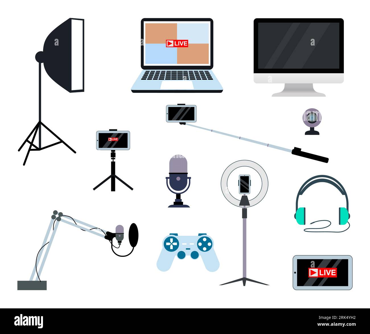 Set of Equipments for streamers and blogger isolated on white background. Stock Vector