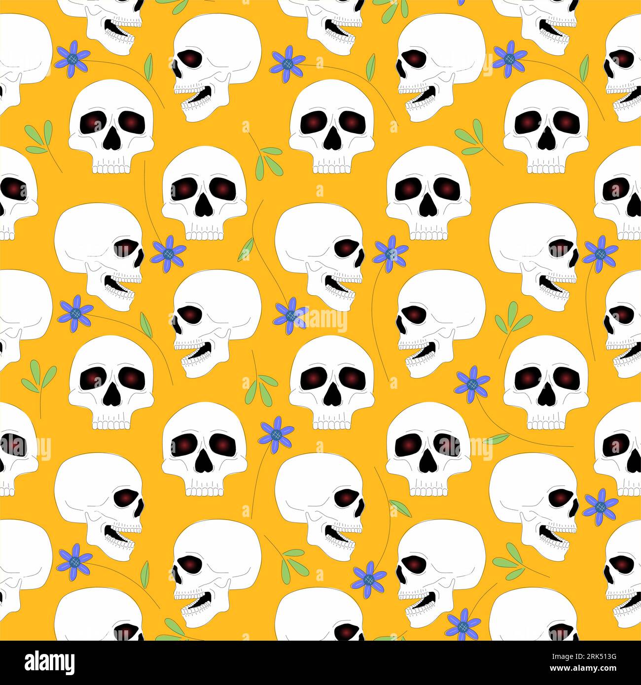 Skull seamless pattern isolated on yellow background. Stock Vector
