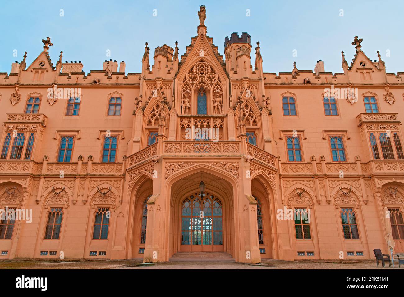 A large Lednice Castle, South Moravia, Czech Republic with an abundance of windows and entryways Stock Photo