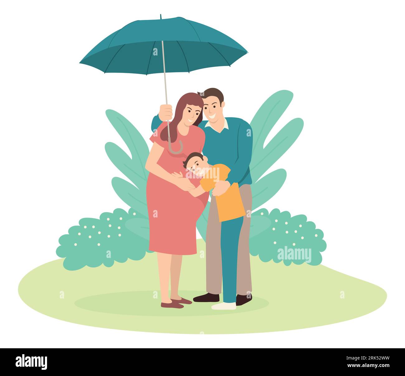Cartoon illustration of a father holding an umbrella for his family. Family security, protection, responsibility, insurance concept Stock Vector