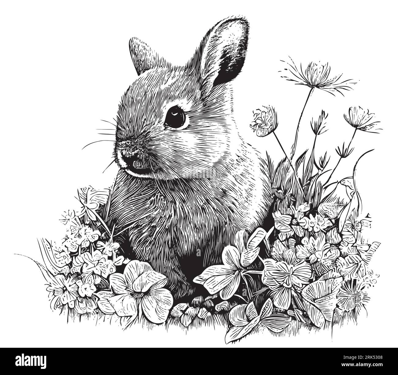 Little bunny in flowers hand drawn sketch animals Vector illustration Stock Vector