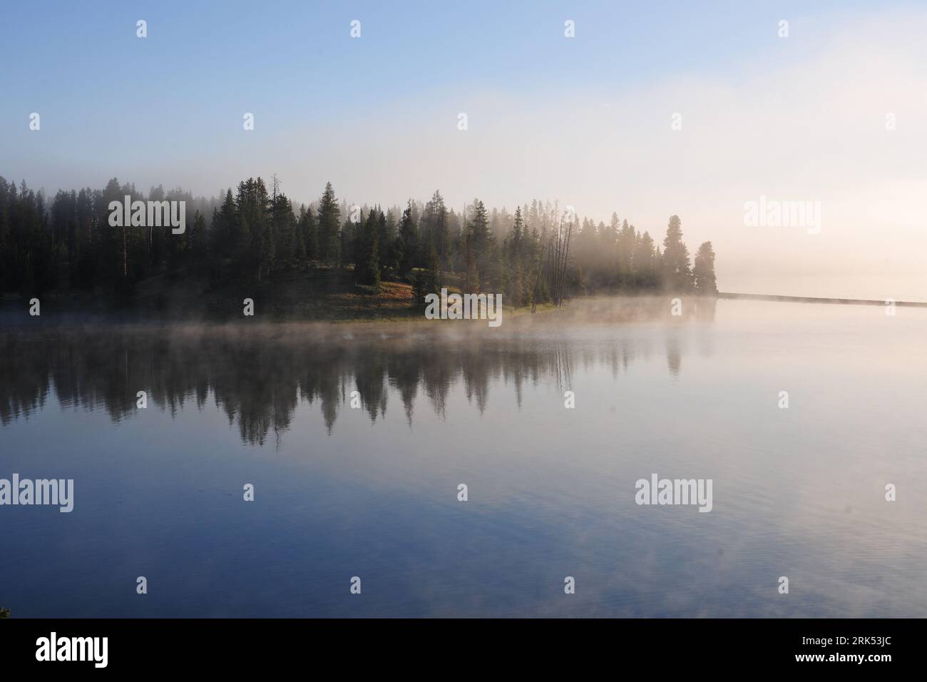 The tranquil body of water with a blanket of fog surrounded by lush ...