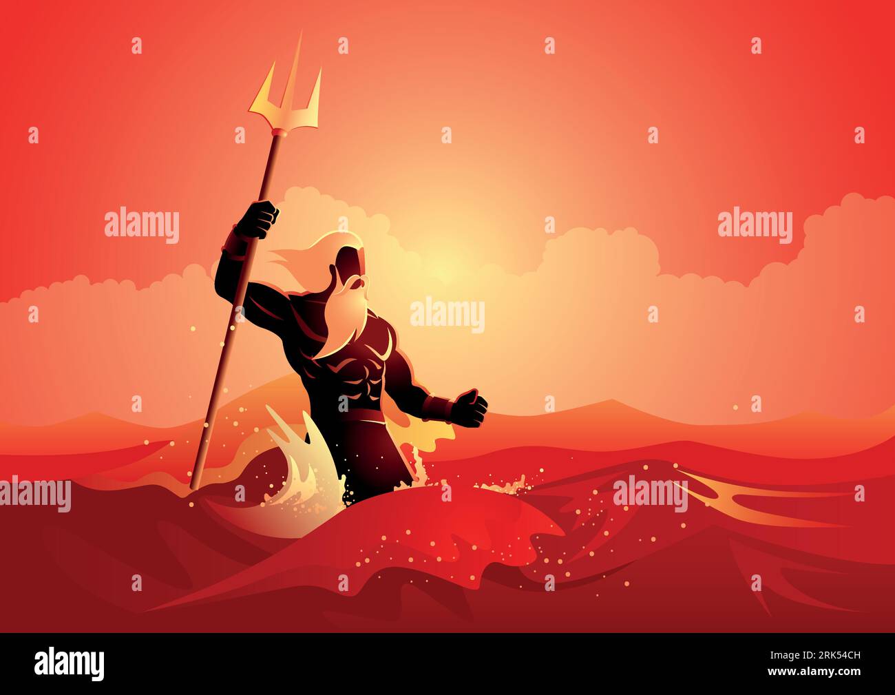 Greek god and goddess vector illustration series, Poseidon was one of the Twelve Olympians in ancient Greek religion and myth, god of the sea, storms, Stock Vector