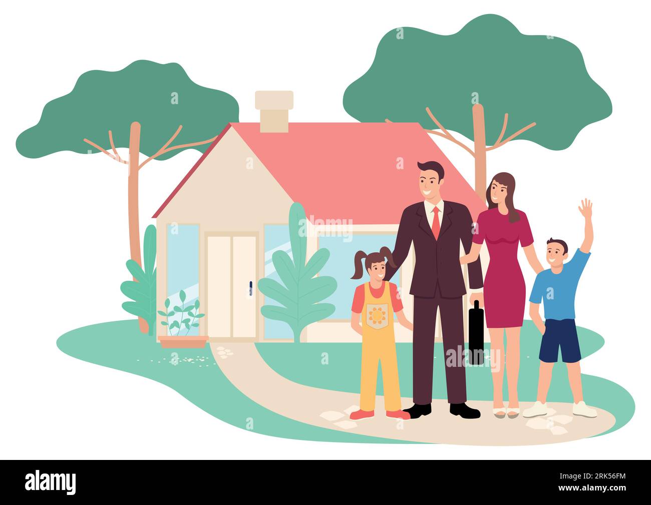 Simple flat vector illustration of happy family in front of their house ...
