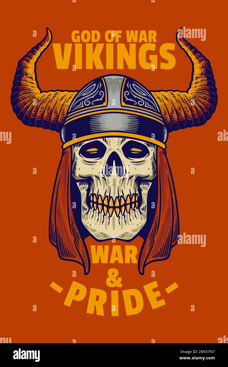 skull head wear viking helmet card poster vector illustration Stock