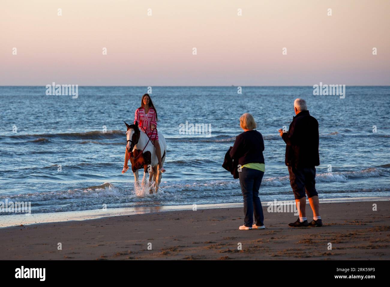 young woman on a horse at sunset on the beach of Oostkapelle on Walcheren, Zeeland, Netherlands. junge Frau auf einem Pferd bei Sonnenuntergang am Str Stock Photo