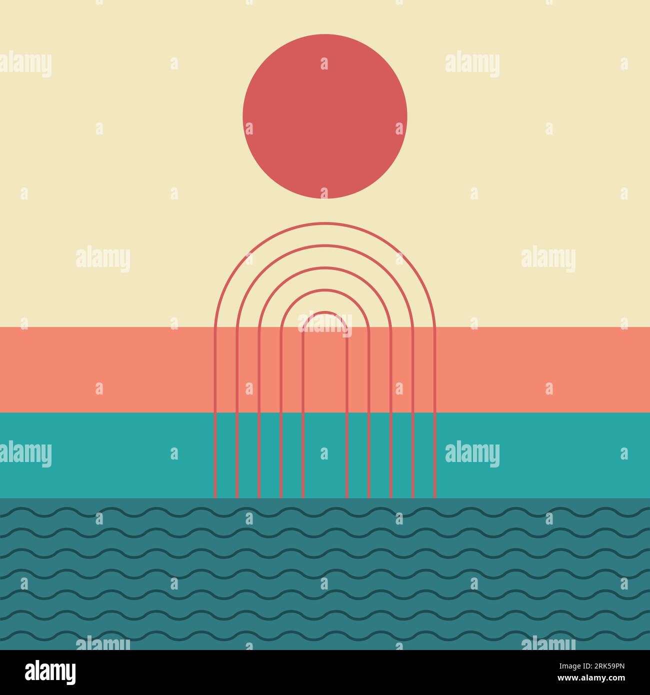 Trendy wall art design with sun and retro stripes. Bauhaus art style. Mid century decoration. Minimal nature scene with ocean. 60s 70s abstract vector Stock Vector